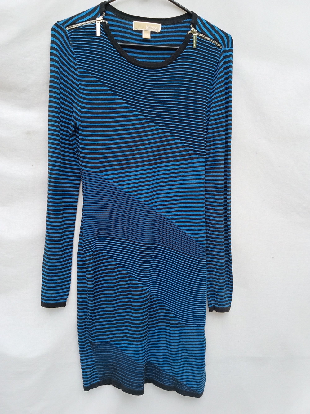 Michael Kors Blue & Black Striped Long-Sleeve Dress Shoulder Zips BodyCon XS